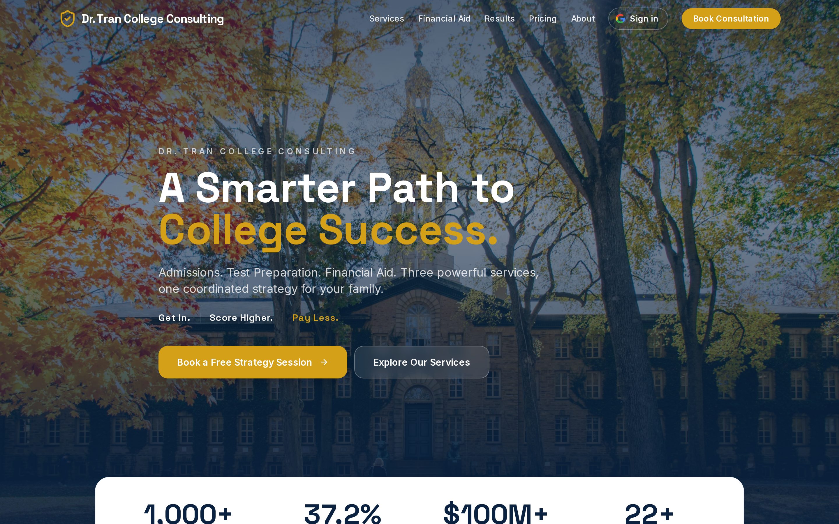 Dr. Tran College Consulting website homepage on a laptop — designed and built by AT Digital